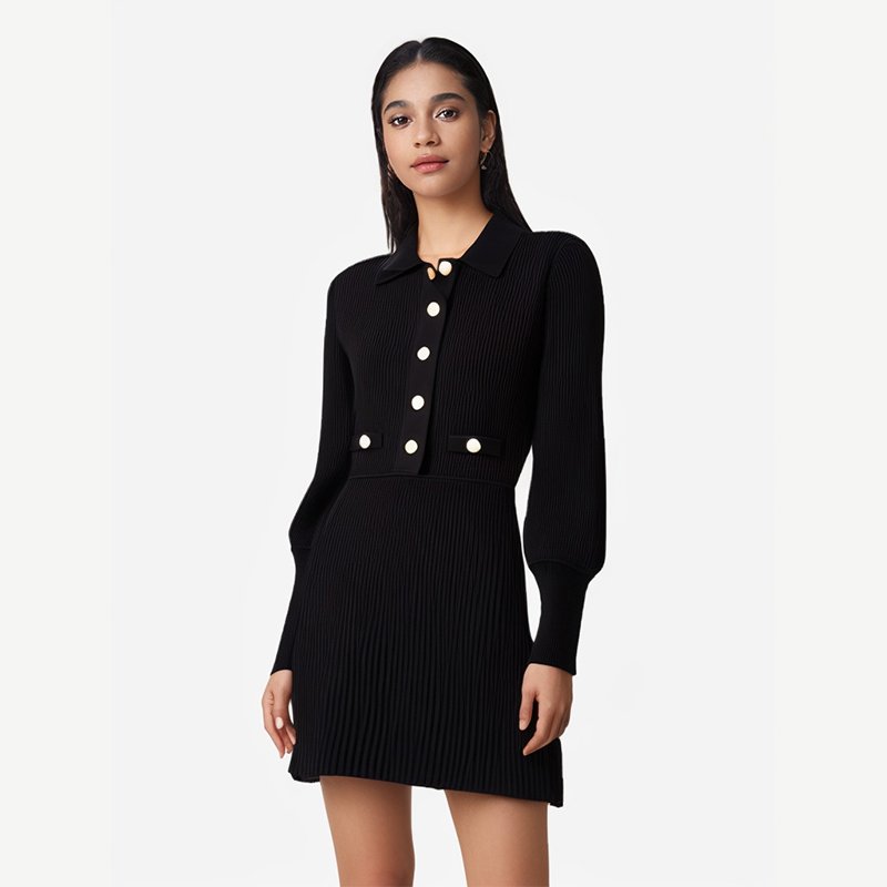 Knitwear Manufacturer Custom Autumn Winter Black Polo Collar Long Sleeved ribbed knitted Women's Sweater Dress