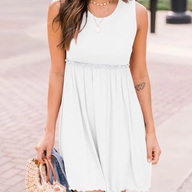 MANYLIYA New Solid Color Fashion Street Style Sleeveless Pleated Rib Dress Women Casual Comfortable Breathable Dress