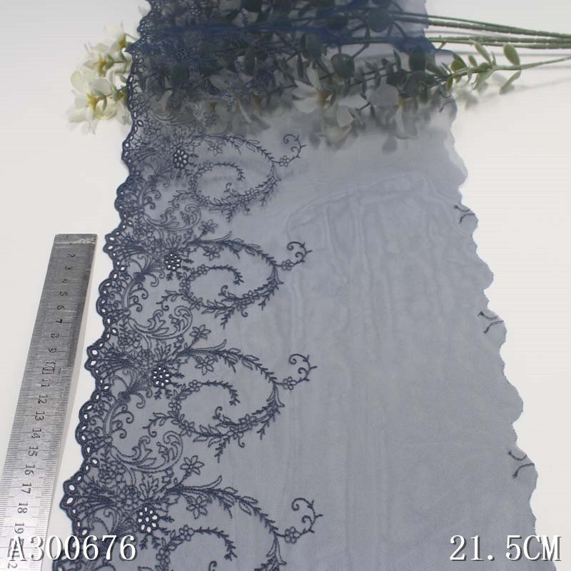 Vintage 23CM Dark Blue Nylon Tulle Vivid Flower Embroidery Lace Voile Lace Fabric Trimming For Women