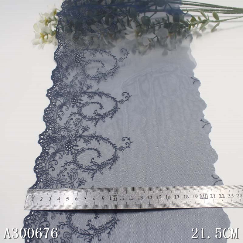 Vintage 23CM Dark Blue Nylon Tulle Vivid Flower Embroidery Lace Voile Lace Fabric Trimming For Women