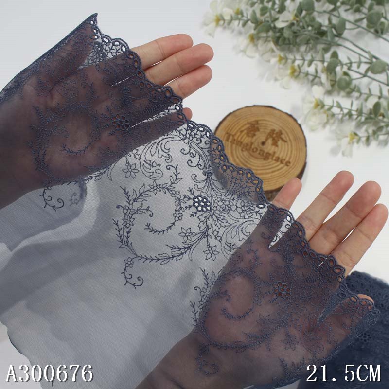 Vintage 23CM Dark Blue Nylon Tulle Vivid Flower Embroidery Lace Voile Lace Fabric Trimming For Women