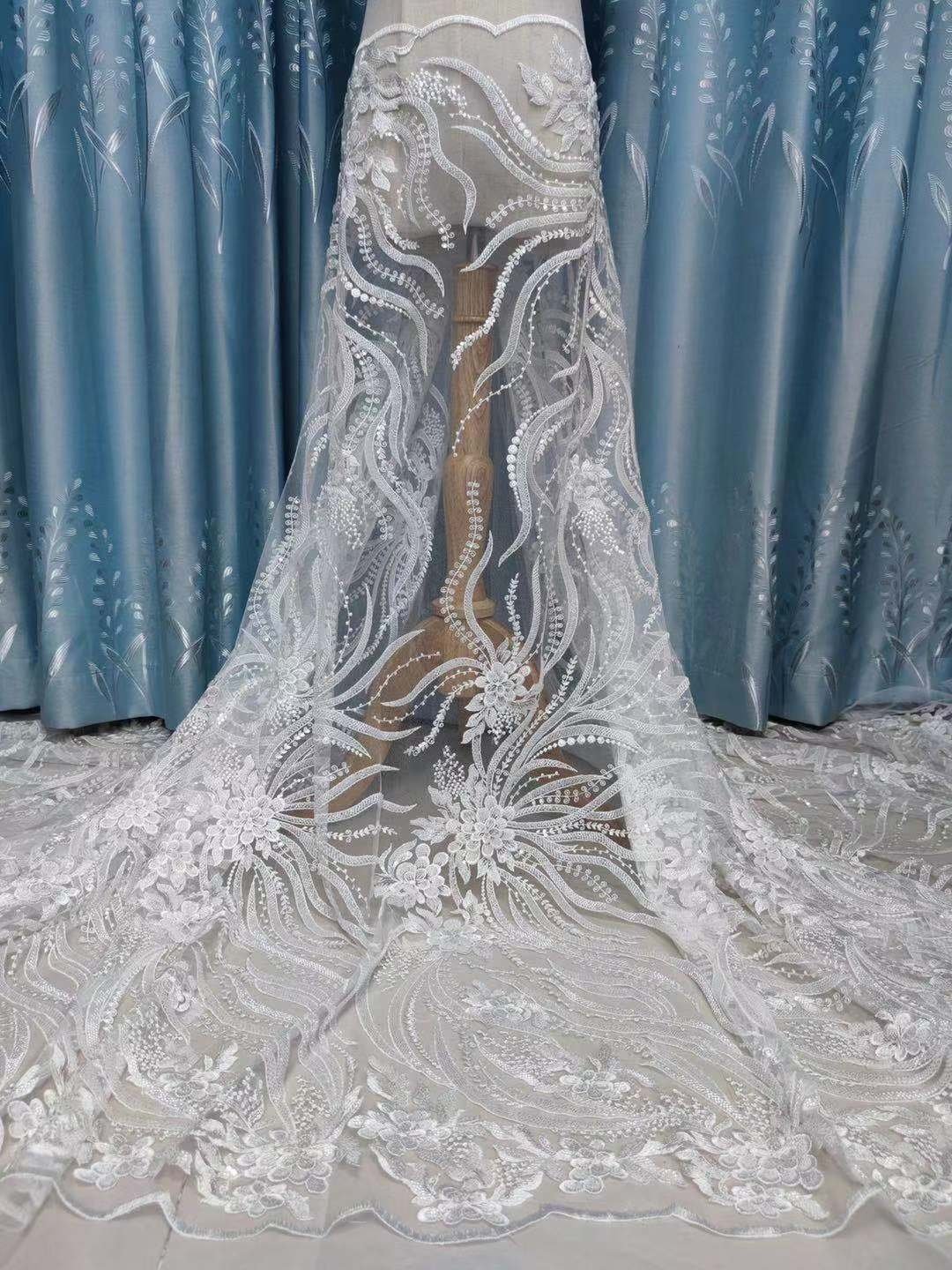 High quality Ivory Luxury Heavily Beaded Lace Fabric In Graceful Ivory Color For Bridal Gown custom glitter sequin fabric