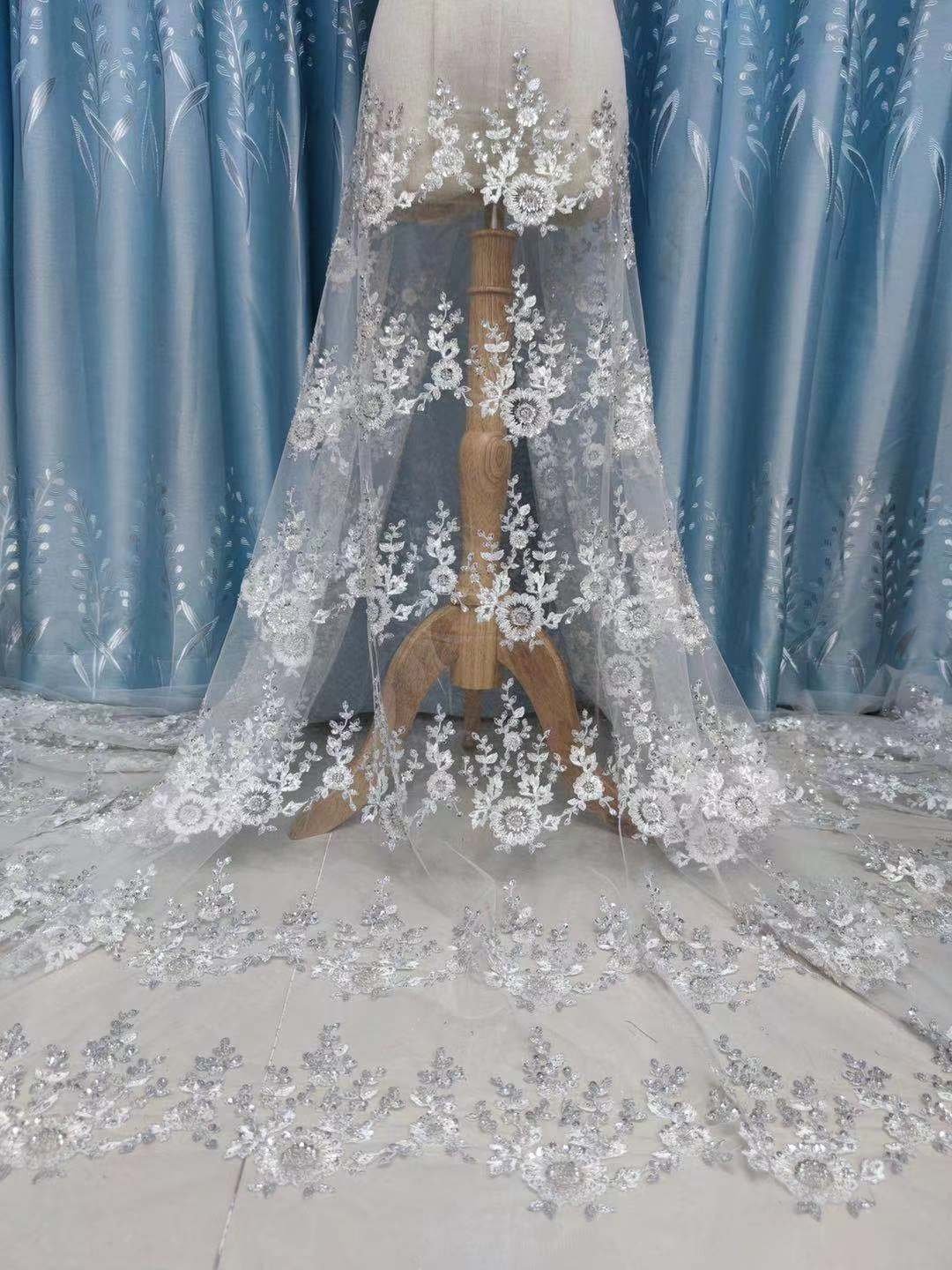 High quality Ivory Luxury Heavily Beaded Lace Fabric In Graceful Ivory Color For Bridal Gown custom glitter sequin fabric