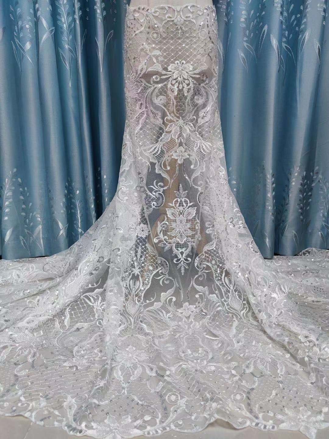High quality Ivory Luxury Heavily Beaded Lace Fabric In Graceful Ivory Color For Bridal Gown custom glitter sequin fabric