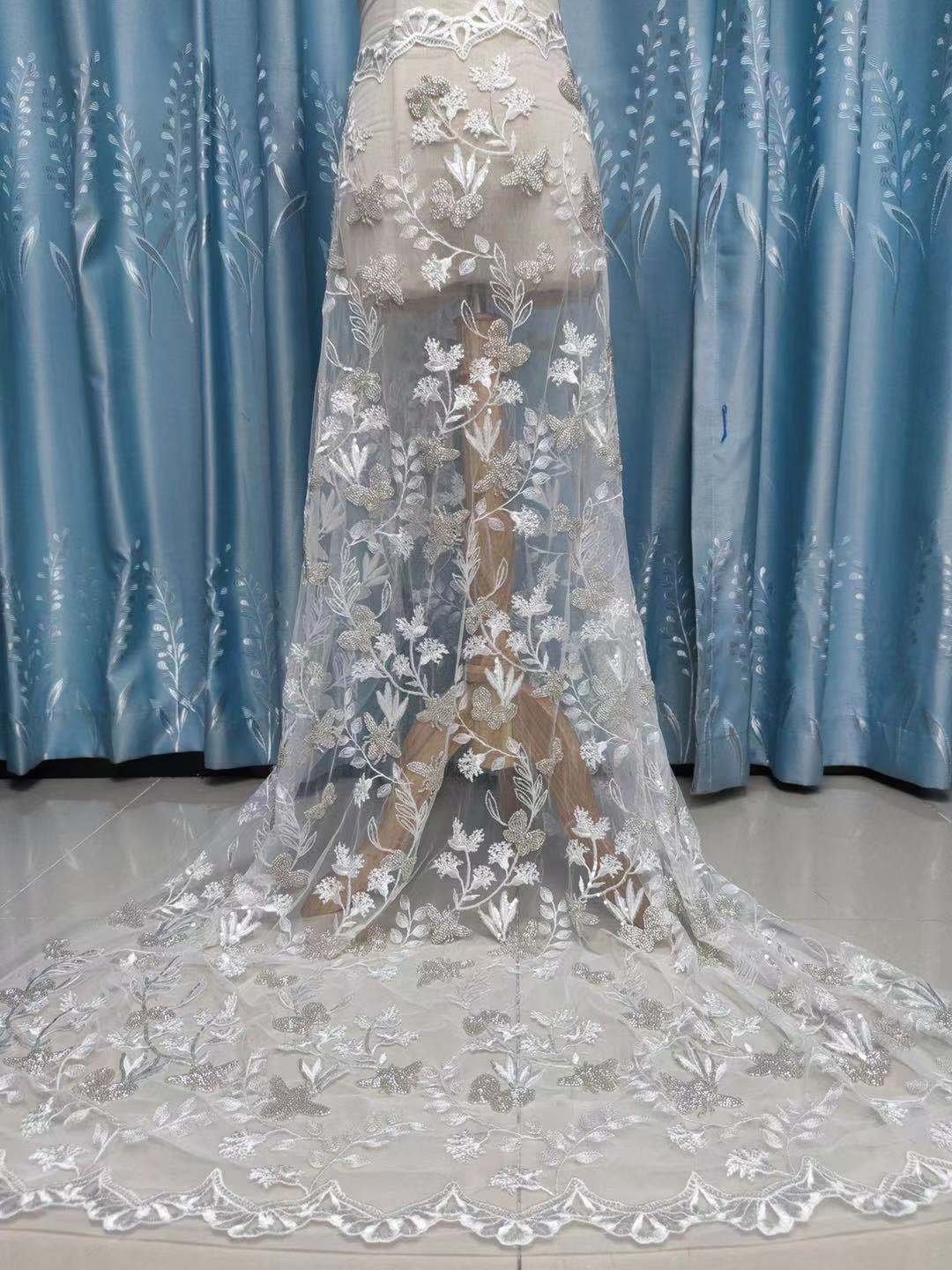 High quality Ivory Luxury Heavily Beaded Lace Fabric In Graceful Ivory Color For Bridal Gown custom glitter sequin fabric