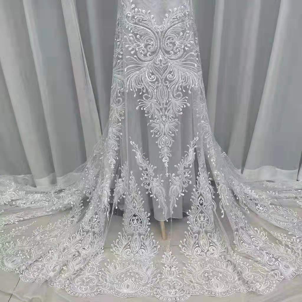 High quality Ivory Luxury Heavily Beaded Lace Fabric In Graceful Ivory Color For Bridal Gown custom glitter sequin fabric
