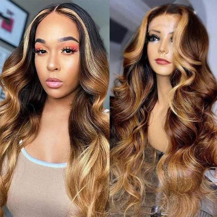 13x4 Hd Lace Front 180% Density Virgin Hair Highlighted Wigs With Color Brown Ombre Honey Blonde Human Wig For Black Women