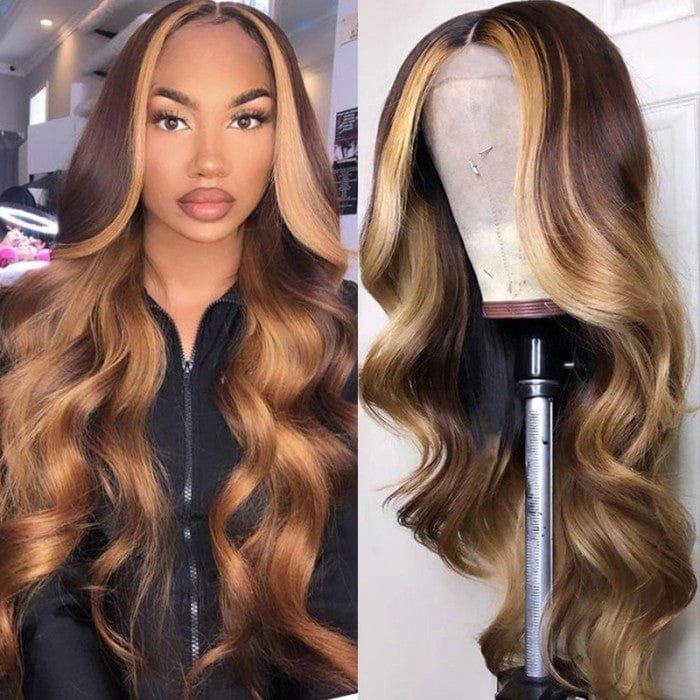 13x4 Hd Lace Front 180% Density Virgin Hair Highlighted Wigs With Color Brown Ombre Honey Blonde Human Wig For Black Women