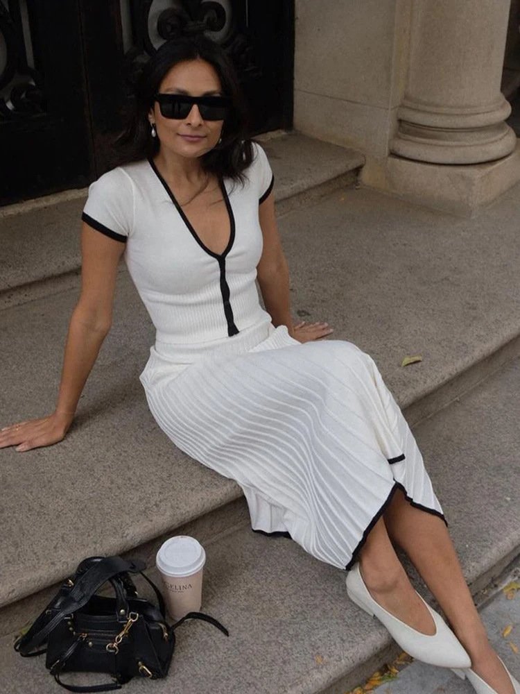 2024 Fashion Two Piece Sets Outfits Knit Ribbed Ruffles Patchwork Women Set Deep V-neck Top Short Sleeve Cardigan and Midi Skirt