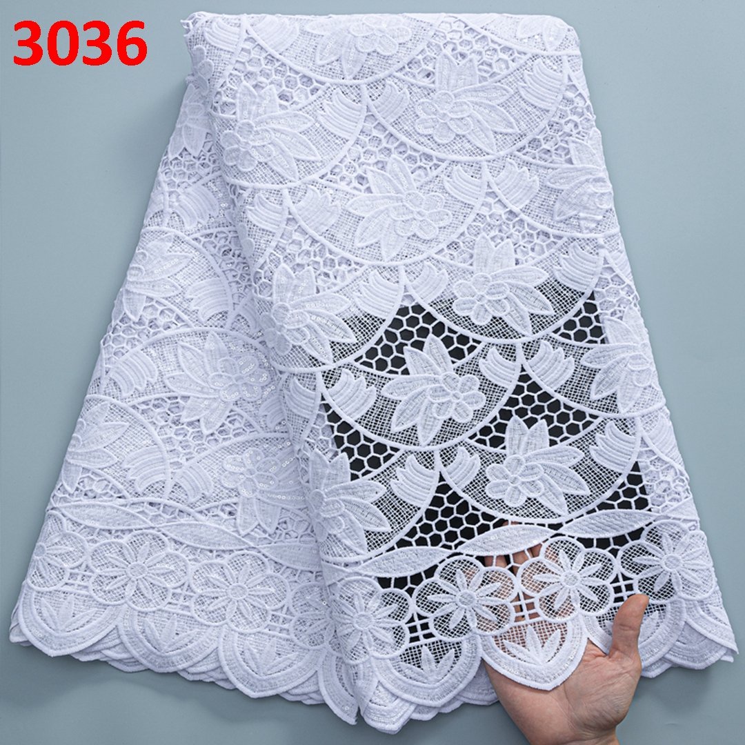 3036 White African Sequins Lace Fabric 2022 High Quality Guipure Cord Lace Water Soluble Fabric Nigerian Wedding Mesh Lace