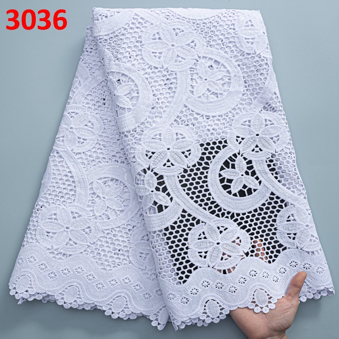 3036 White African Sequins Lace Fabric 2022 High Quality Guipure Cord Lace Water Soluble Fabric Nigerian Wedding Mesh Lace