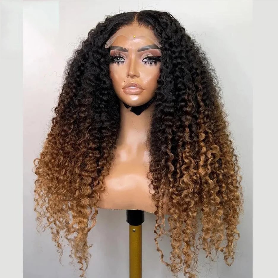 Ombre Honey Blonde Brown Deep Wave Glueless HD Frontal Wig Highlight Kinky Curly Lace Front Wigs For Women