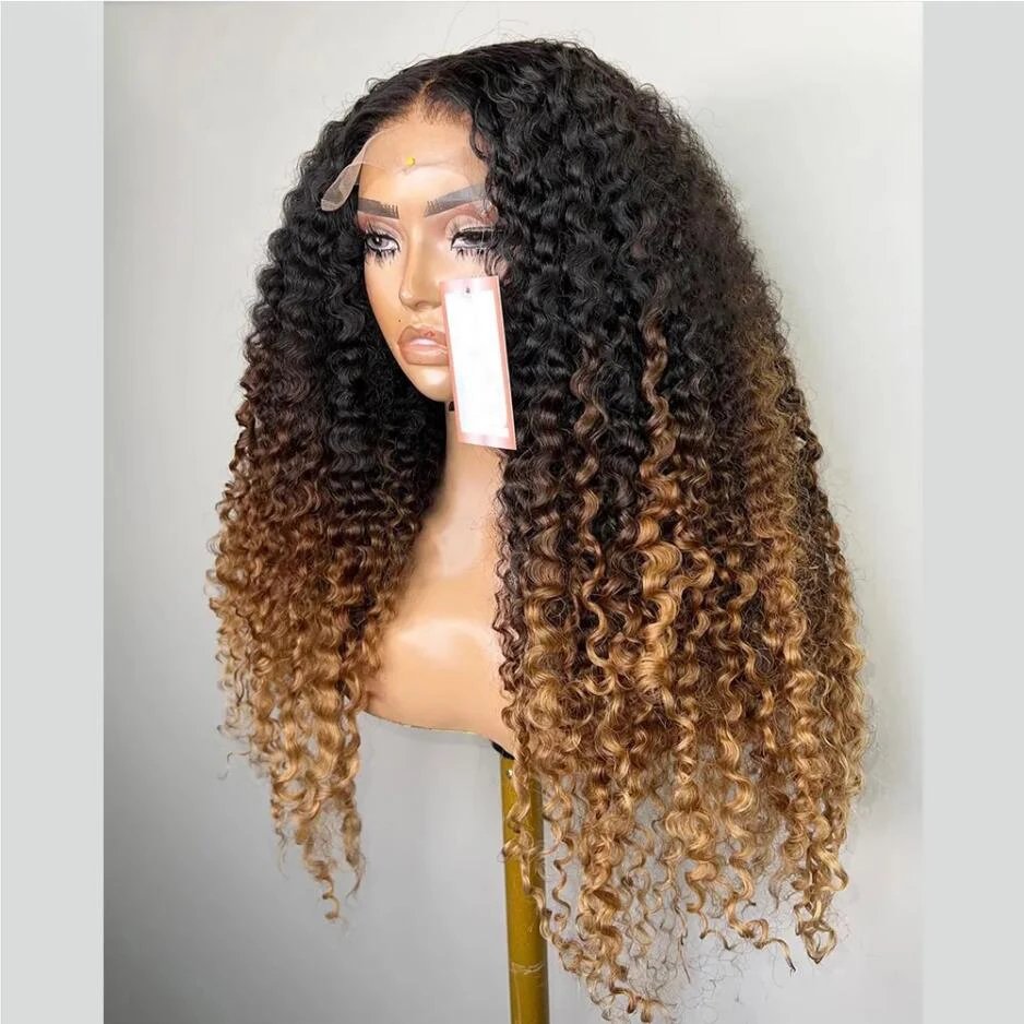 Ombre Honey Blonde Brown Deep Wave Glueless HD Frontal Wig Highlight Kinky Curly Lace Front Wigs For Women