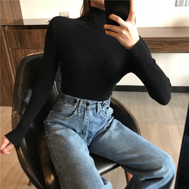 2024 Autumn Winter Long Sleeve Thick Sweater Women Knitted Ribbed Pullover Sweater Slim Jumper Soft Warm Turtleneck for female