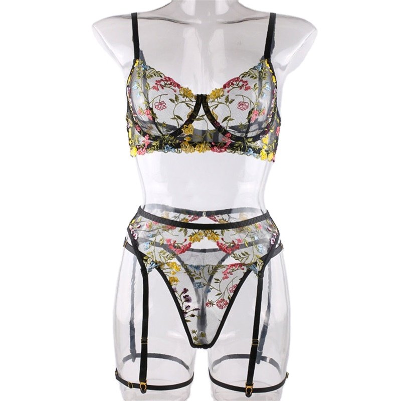 Factory wholesale Popular hot Nightclub sexy lace Mesh Transparent Lady bra and party set For women Three-piece set