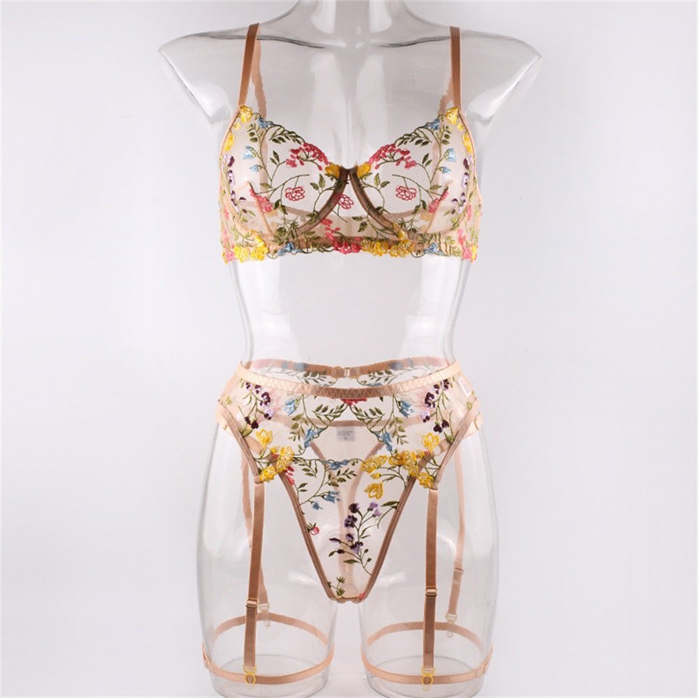 Factory wholesale Popular hot Nightclub sexy lace Mesh Transparent Lady bra and party set For women Three-piece set