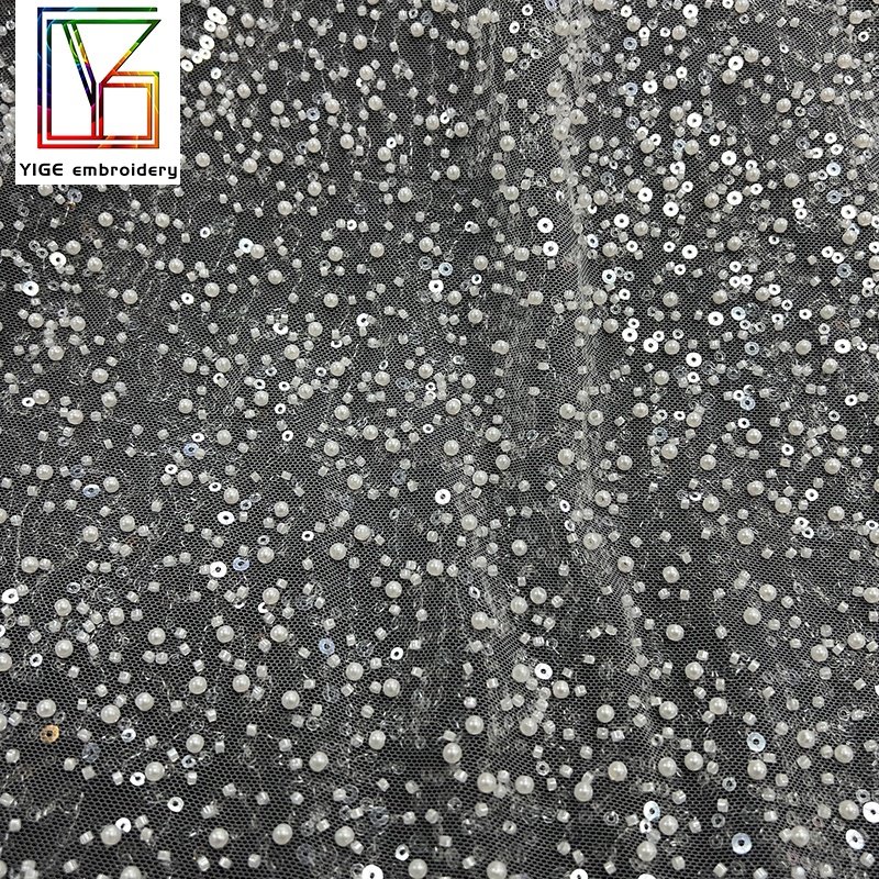 Luxury France Beaded Tulle Mesh Lace With Pearls And Sequins embroidery Fabric Wedding Bridal Lace Dress Fabric