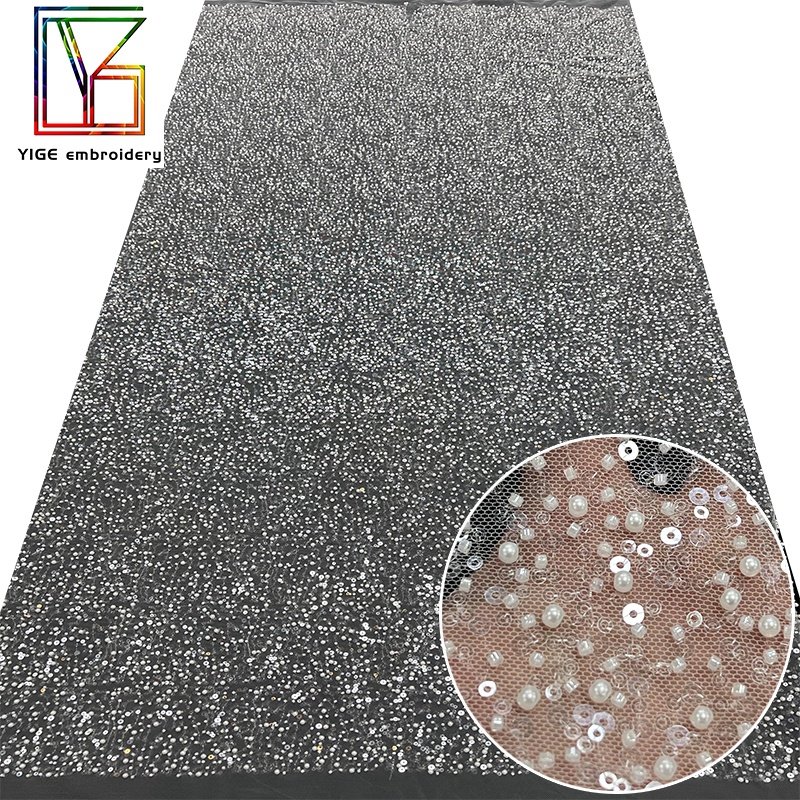 Luxury France Beaded Tulle Mesh Lace With Pearls And Sequins embroidery Fabric Wedding Bridal Lace Dress Fabric
