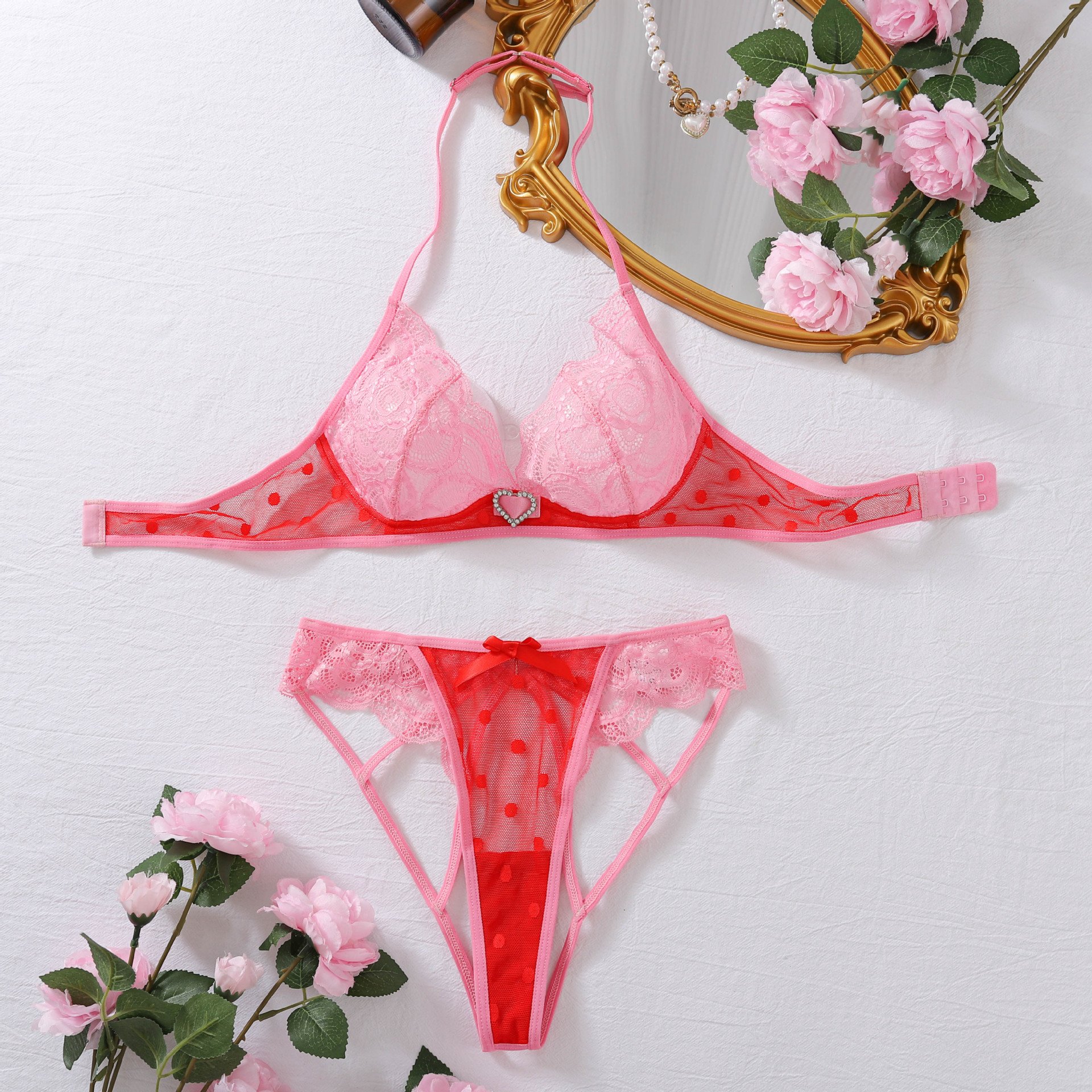 Luxury Women Lace Color Contrast Sexy Lingerie Set Perspective Love Diamond Button Sexy Underwear set Sex Lingerie 2pcs Set