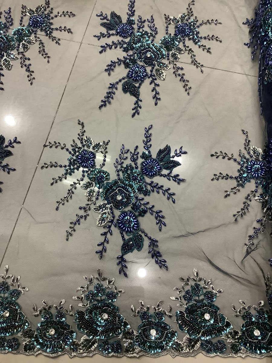 best selling heavy hand beaded sequin embroidered lace fabric for dress or party, navy blue embroidery lace beads fabric