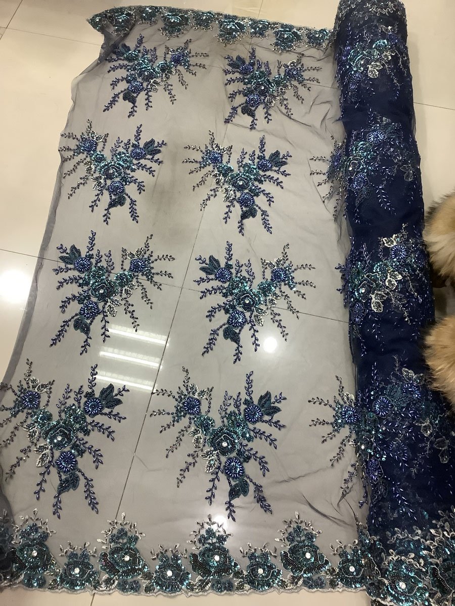 best selling heavy hand beaded sequin embroidered lace fabric for dress or party, navy blue embroidery lace beads fabric