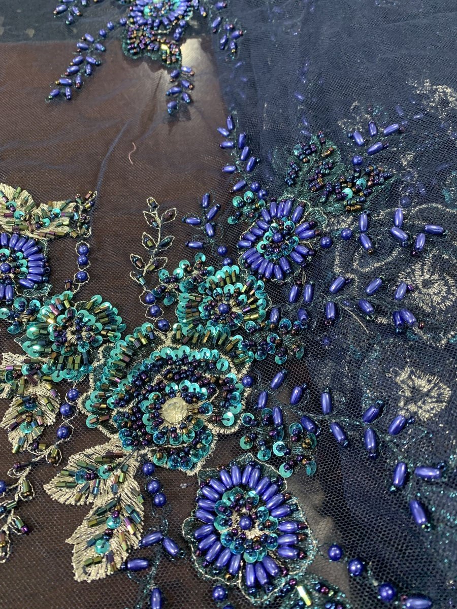 best selling heavy hand beaded sequin embroidered lace fabric for dress or party, navy blue embroidery lace beads fabric