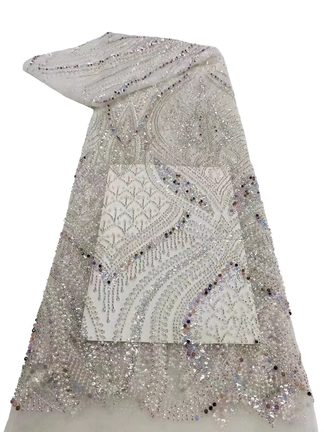 Heavy Beaded Lace Fabric Fully Sequins Wholesale New Beads Lace Fabric With Pearl Wedding Dresses Luxury