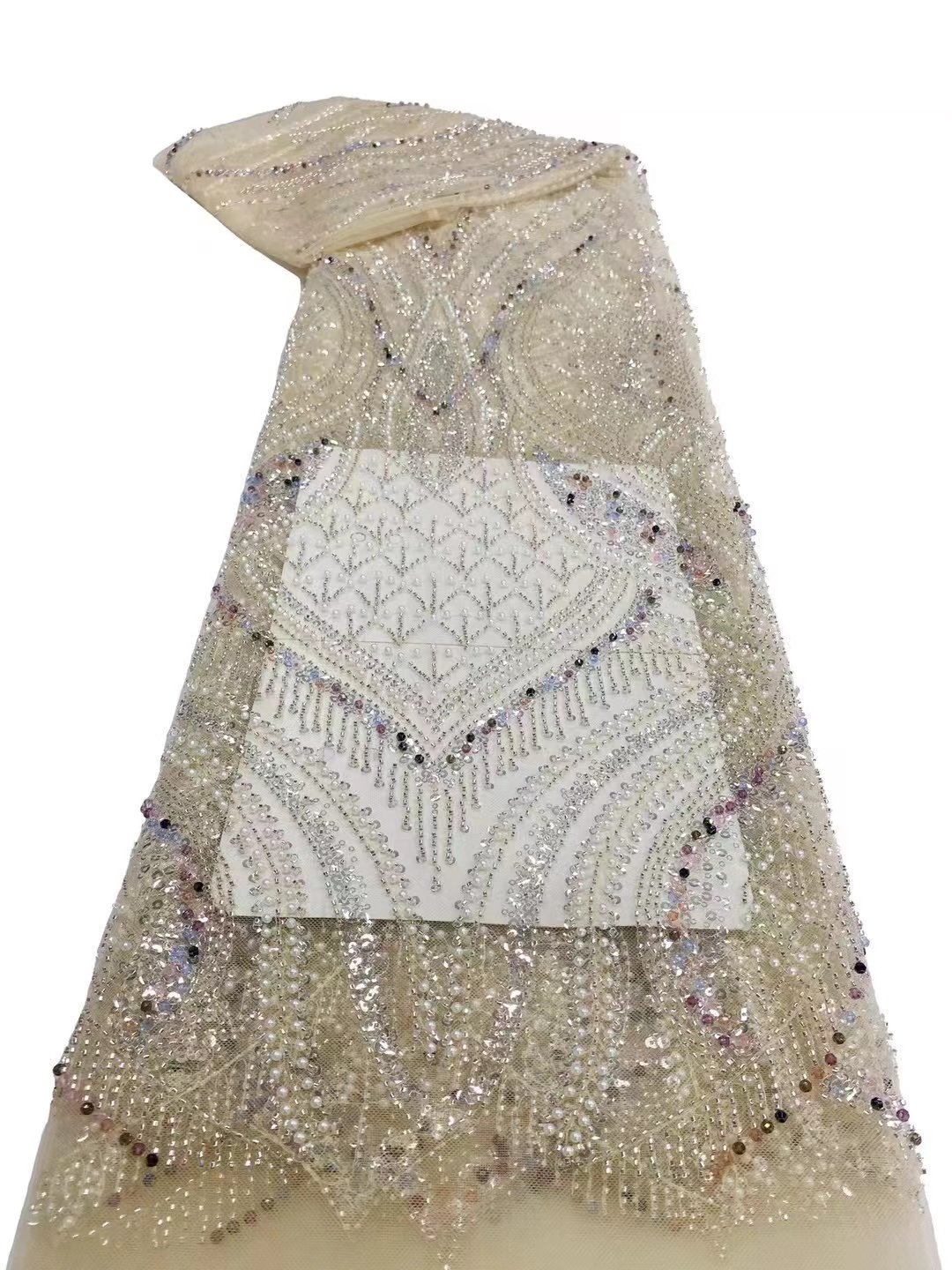 Heavy Beaded Lace Fabric Fully Sequins Wholesale New Beads Lace Fabric With Pearl Wedding Dresses Luxury