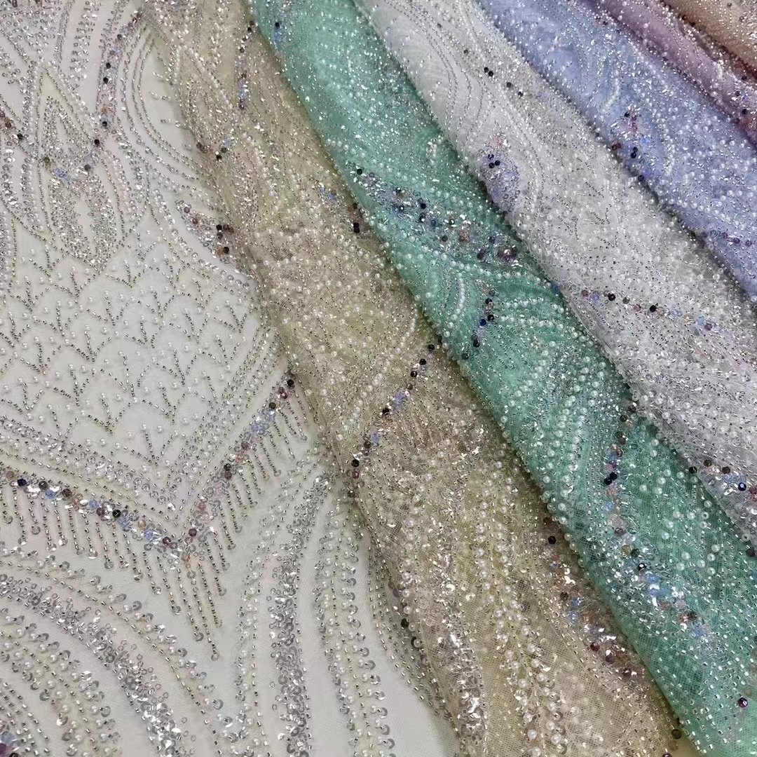 Heavy Beaded Lace Fabric Fully Sequins Wholesale New Beads Lace Fabric With Pearl Wedding Dresses Luxury