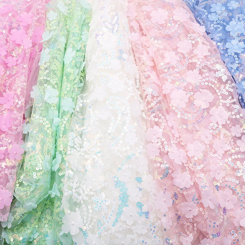 Stock color Lace fabric new multi-color sequin flower three-dimensional embroidery fabric tulle wedding dress decoration fabric