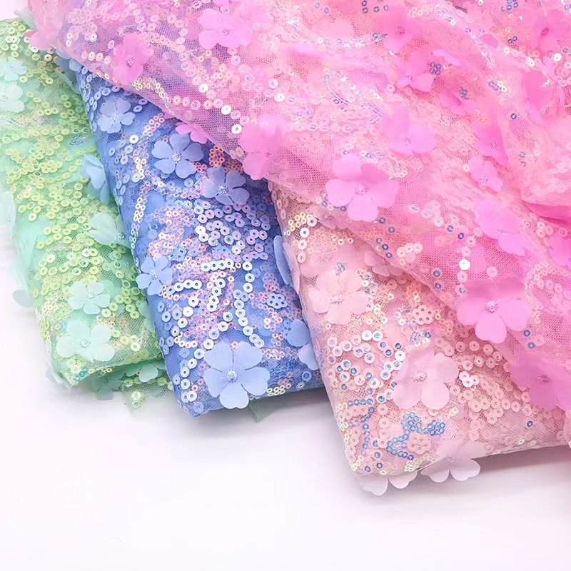 Stock color Lace fabric new multi-color sequin flower three-dimensional embroidery fabric tulle wedding dress decoration fabric