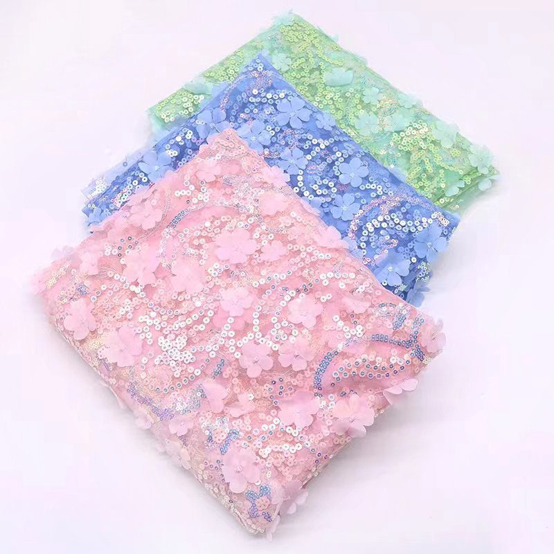 Stock color Lace fabric new multi-color sequin flower three-dimensional embroidery fabric tulle wedding dress decoration fabric