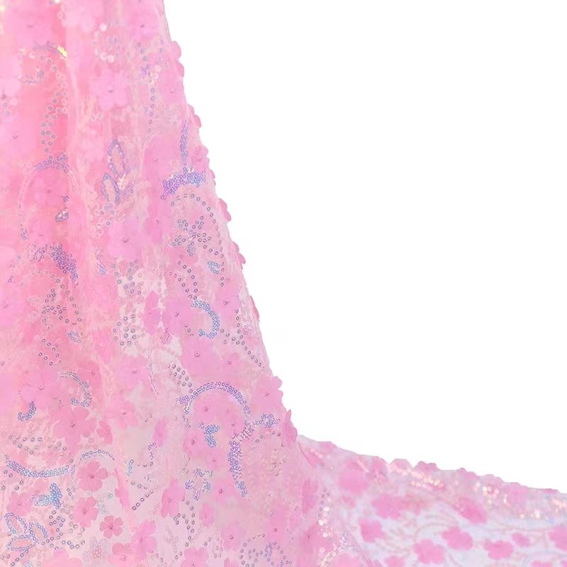 Stock color Lace fabric new multi-color sequin flower three-dimensional embroidery fabric tulle wedding dress decoration fabric