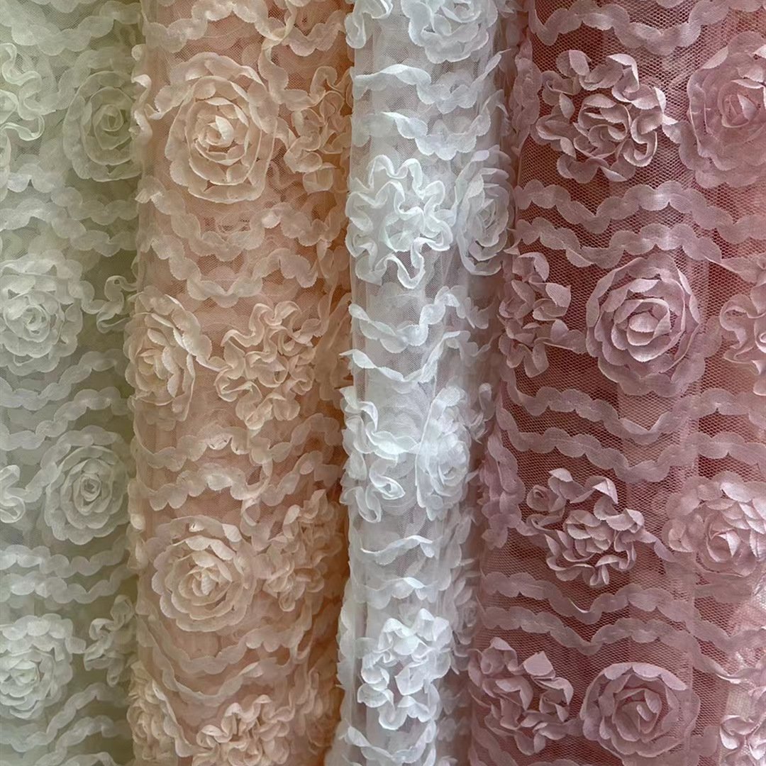 Multi-color mesh embroidery fabric 3d three-dimensional chrysanthemum rose children's dress lace embroidery fabric