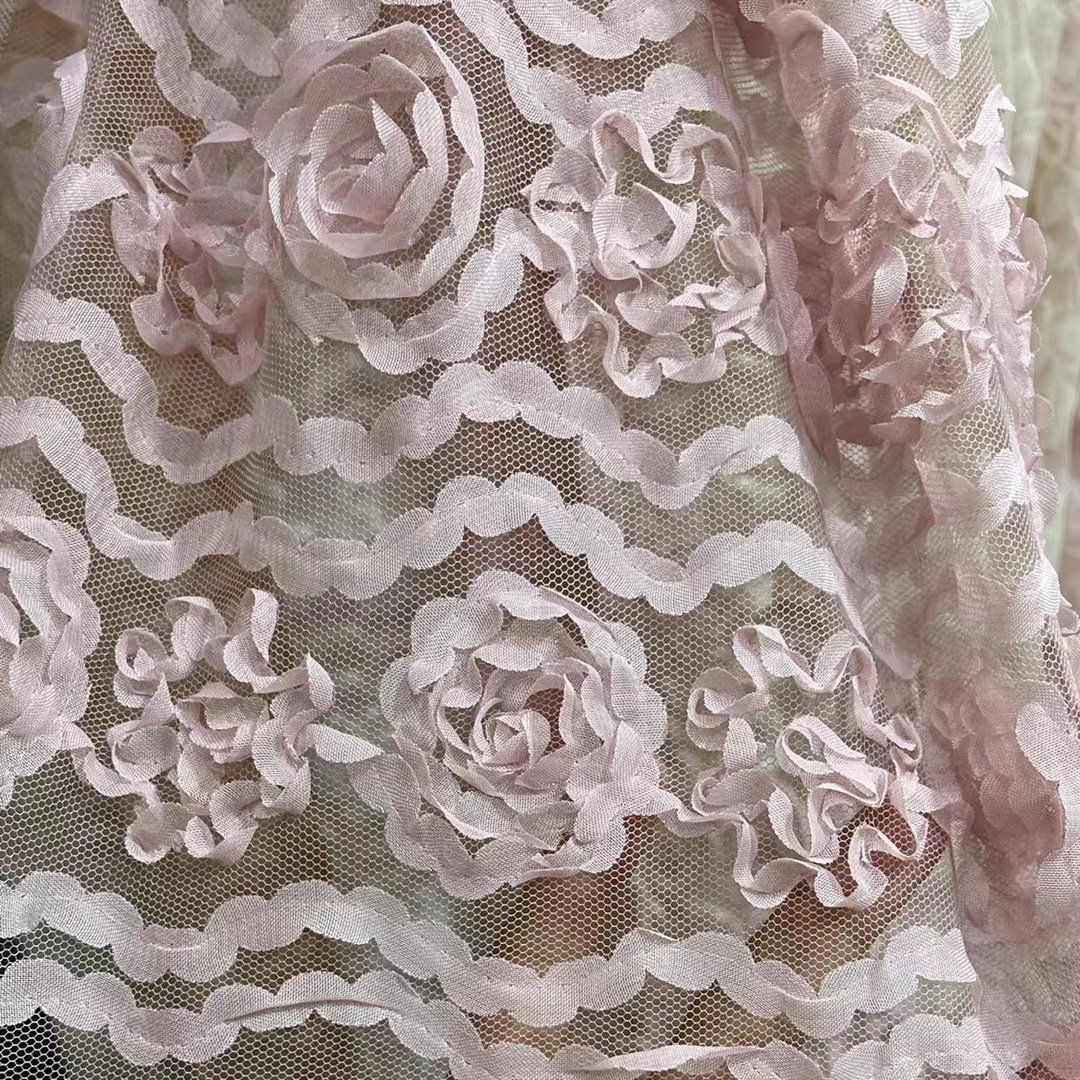 Multi-color mesh embroidery fabric 3d three-dimensional chrysanthemum rose children's dress lace embroidery fabric