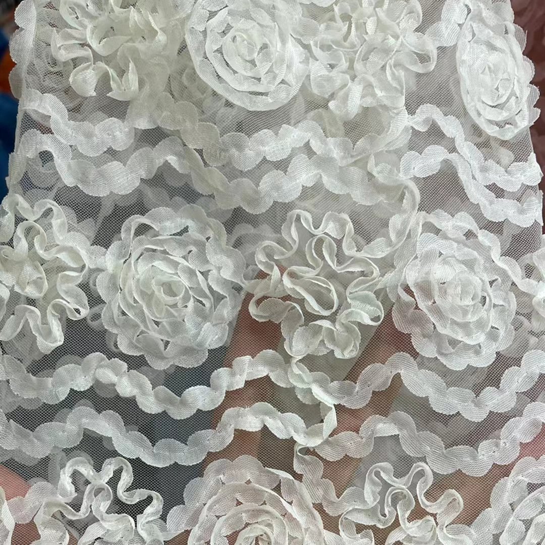 Multi-color mesh embroidery fabric 3d three-dimensional chrysanthemum rose children's dress lace embroidery fabric