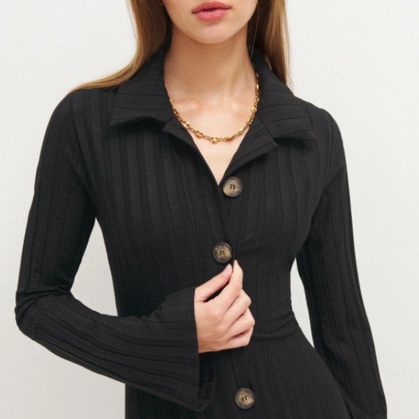 New Fashion Custom Dress Collared Neckline Buttons Sweater Knitwear Stretchy Wide Rib Women Mini Knit Dress