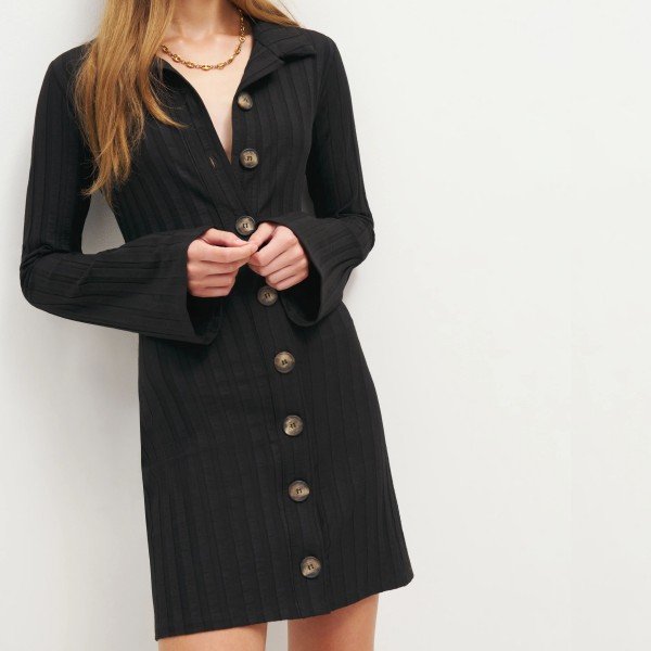 New Fashion Custom Dress Collared Neckline Buttons Sweater Knitwear Stretchy Wide Rib Women Mini Knit Dress