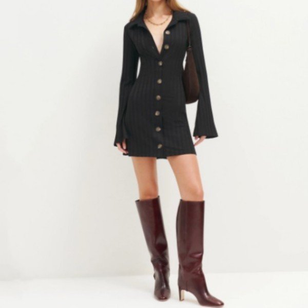 New Fashion Custom Dress Collared Neckline Buttons Sweater Knitwear Stretchy Wide Rib Women Mini Knit Dress