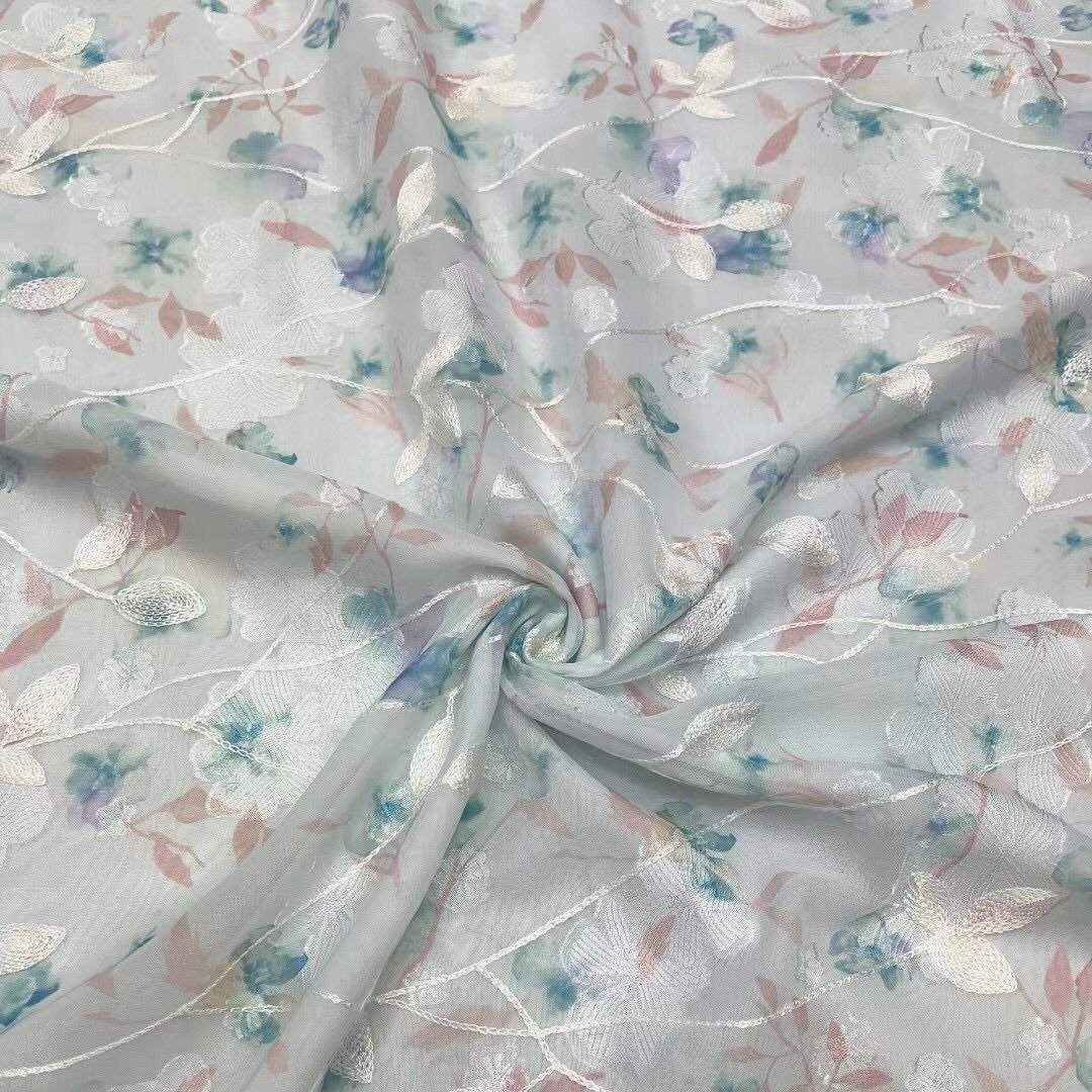 Chiffon printed hollow multi-color printed hollow embroidery small fresh dress fabric