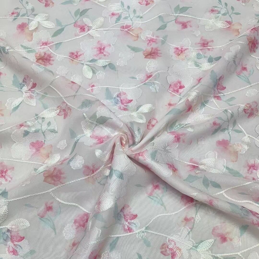 Chiffon printed hollow multi-color printed hollow embroidery small fresh dress fabric