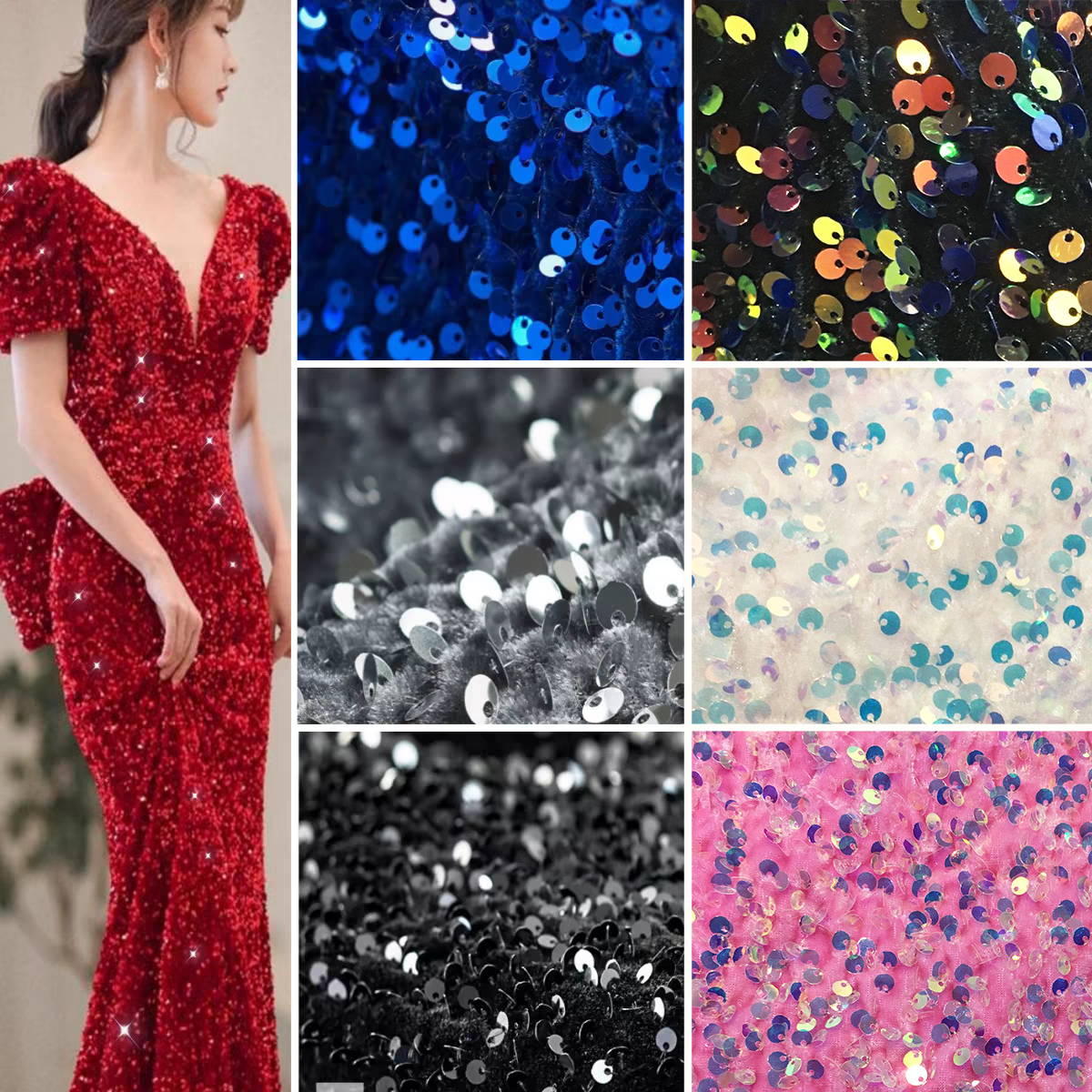 Ready Stock 5mm Shiny Multi-color Sequin Velvet Fabric Fashion 3D Embroidery Holographic Sequin Fabric