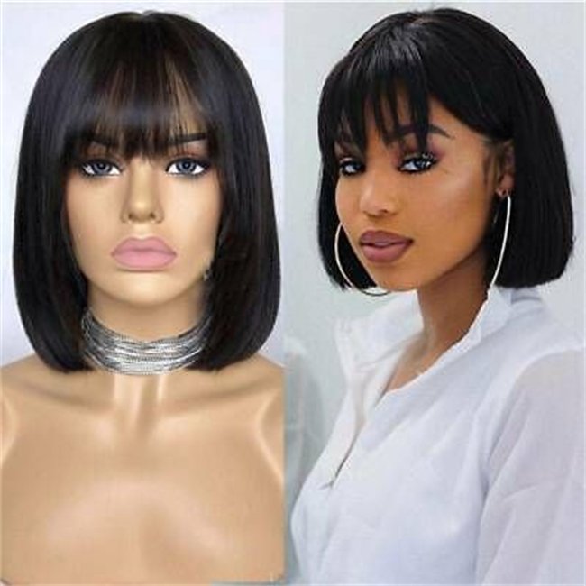 Short Wigs Bob Wig, Cheap Bob Wigs Glueless Bob Wigs with Bangs Human Hair Raw Peruvian Lace Cheap Price Black Front, 8-14 Inch