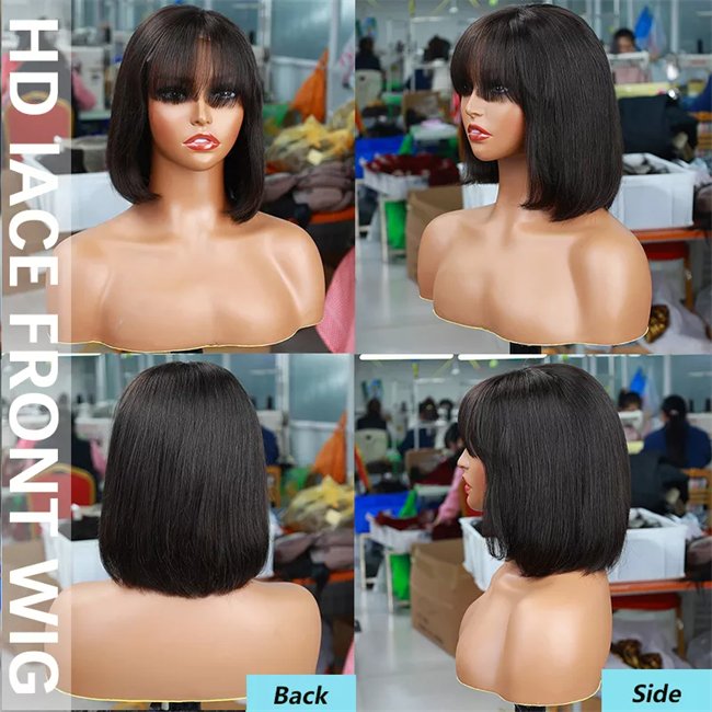 Short Wigs Bob Wig, Cheap Bob Wigs Glueless Bob Wigs with Bangs Human Hair Raw Peruvian Lace Cheap Price Black Front, 8-14 Inch