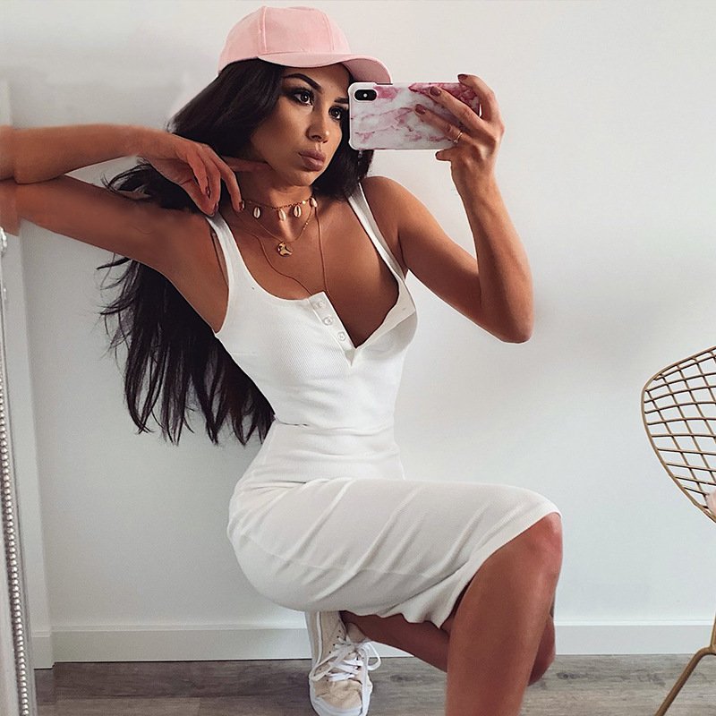 2024 Summer Women's Basics Casual Ribbed Button Opening Dress Sleeveless Knee Length Fitted for Wholesale