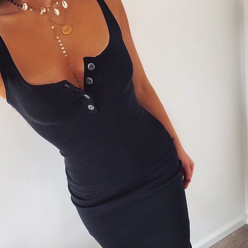 2024 Summer Women's Basics Casual Ribbed Button Opening Dress Sleeveless Knee Length Fitted for Wholesale
