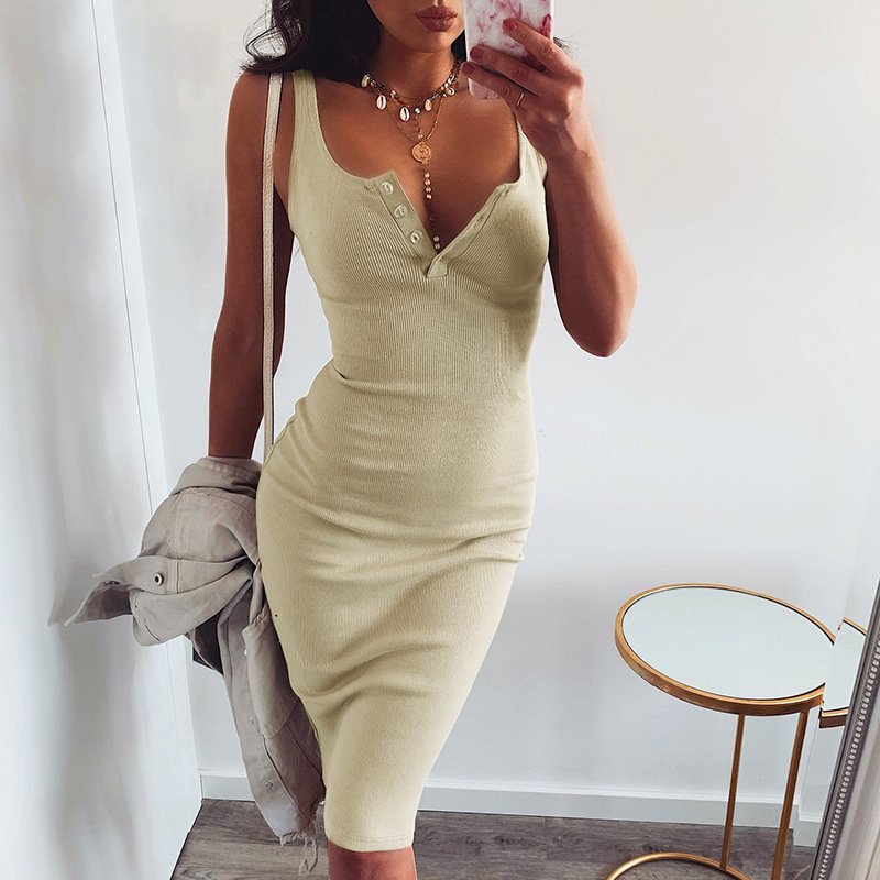 2024 Summer Women's Basics Casual Ribbed Button Opening Dress Sleeveless Knee Length Fitted for Wholesale