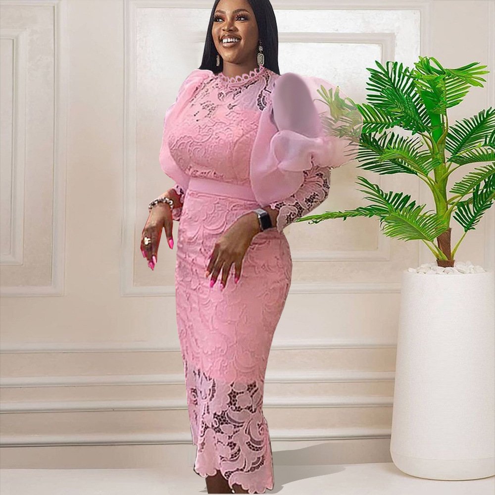 See Through Puff African Lace Fabric Robes Plus Size Women's Dresses