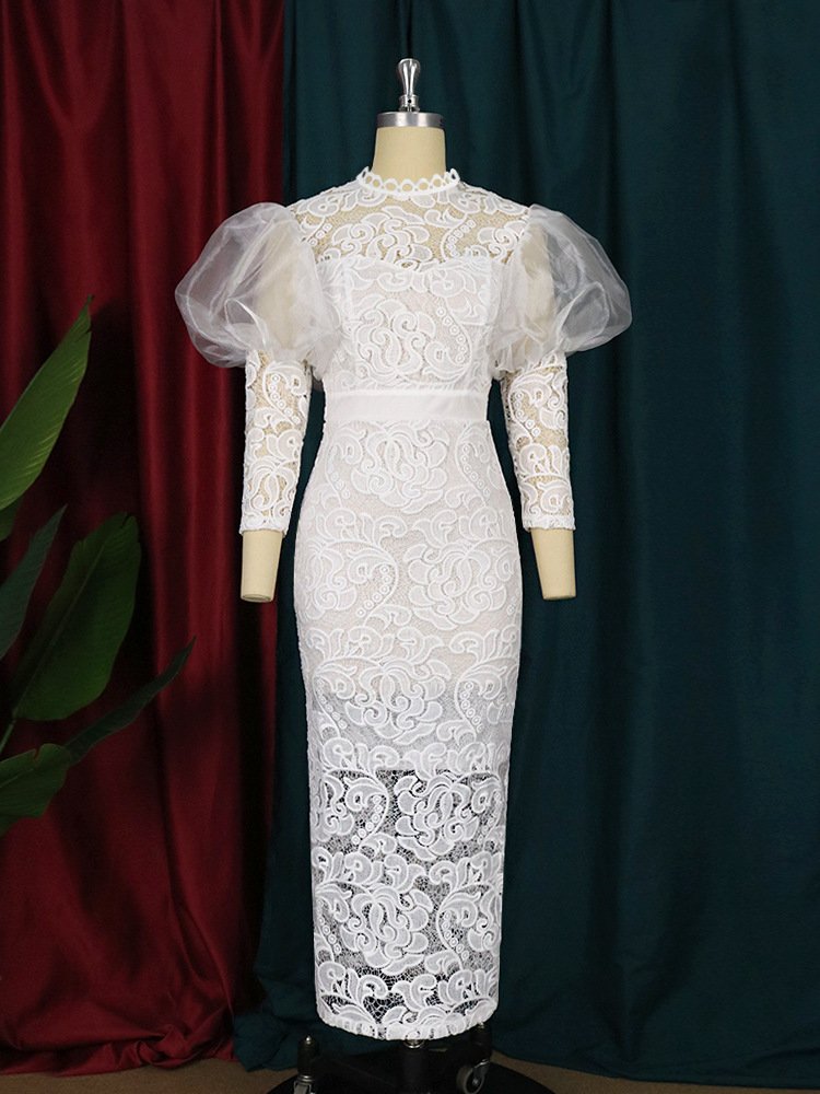 See Through Puff African Lace Fabric Robes Plus Size Women's Dresses
