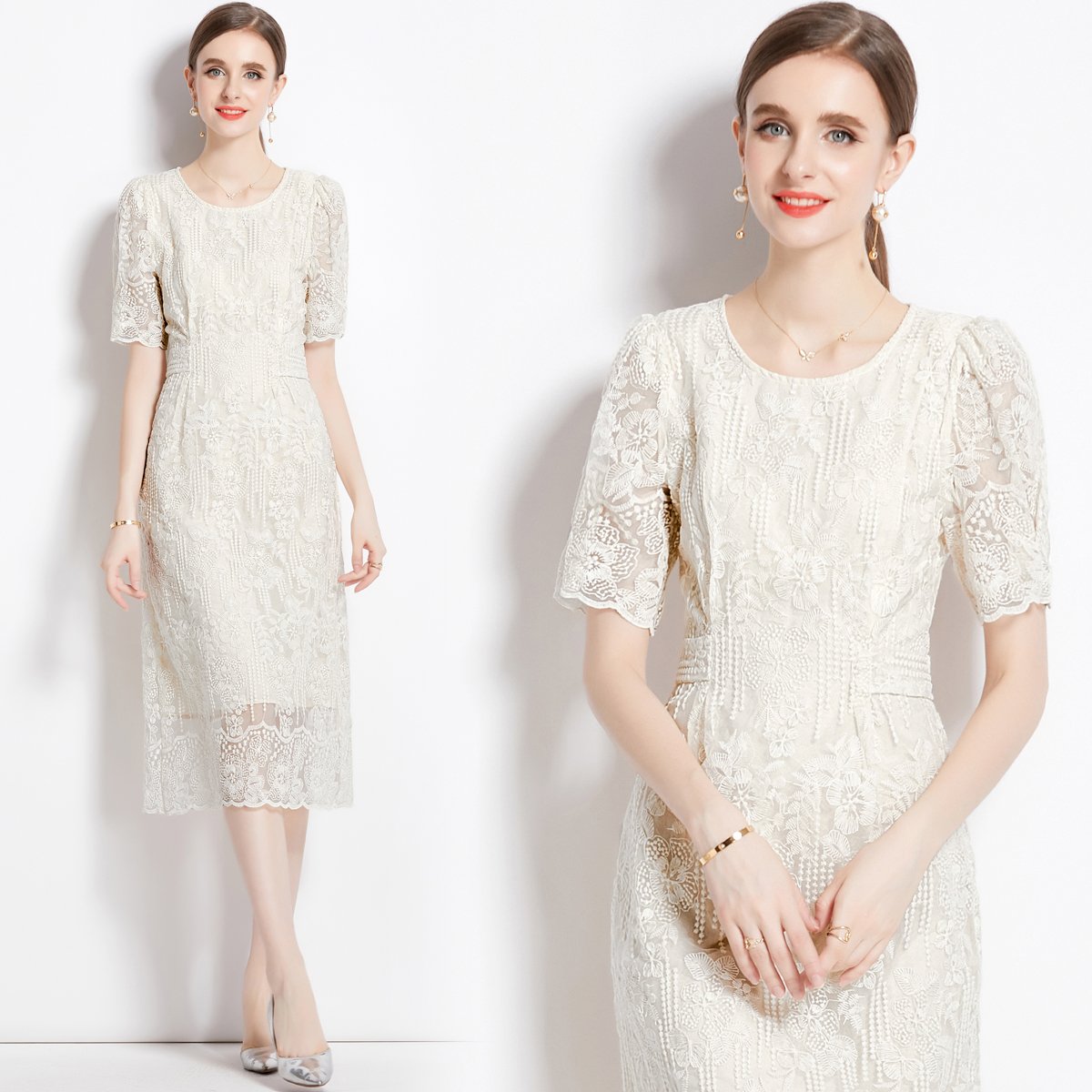 French Waist Wrapped White Lace Dress Slim Embroidered Mid length Dress HL9075073